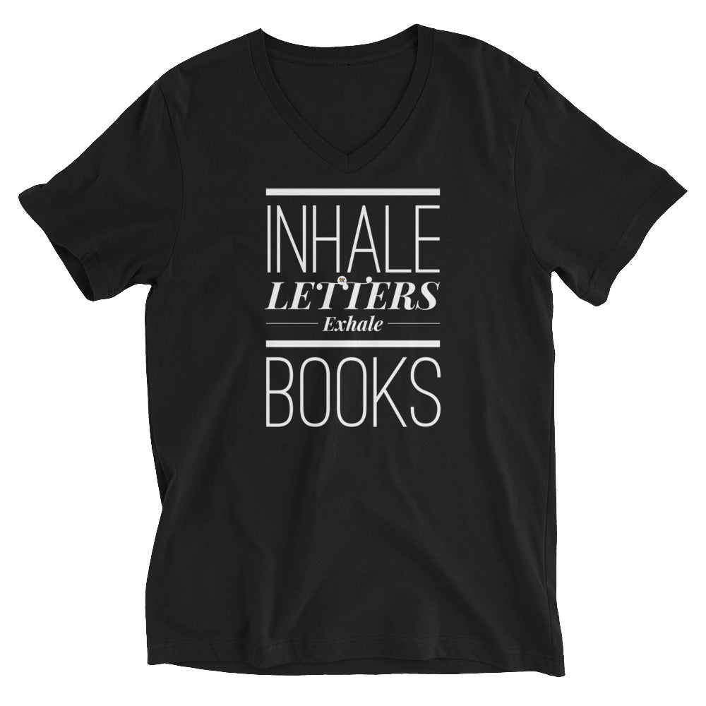 Inhale Letters Exhale Books Unisex Short Sleeve V-Neck T-Shirt